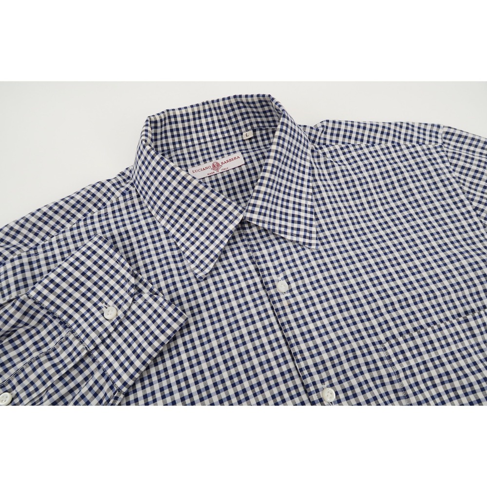 Luciano Barbera Mens Large Dress‎ Shirt Navy White Checks Cotton Italy
